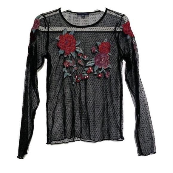 American Eagle Rose Embroidered Mesh Top Polka Dot Long Sleeve Black Small - Picture 1 of 2